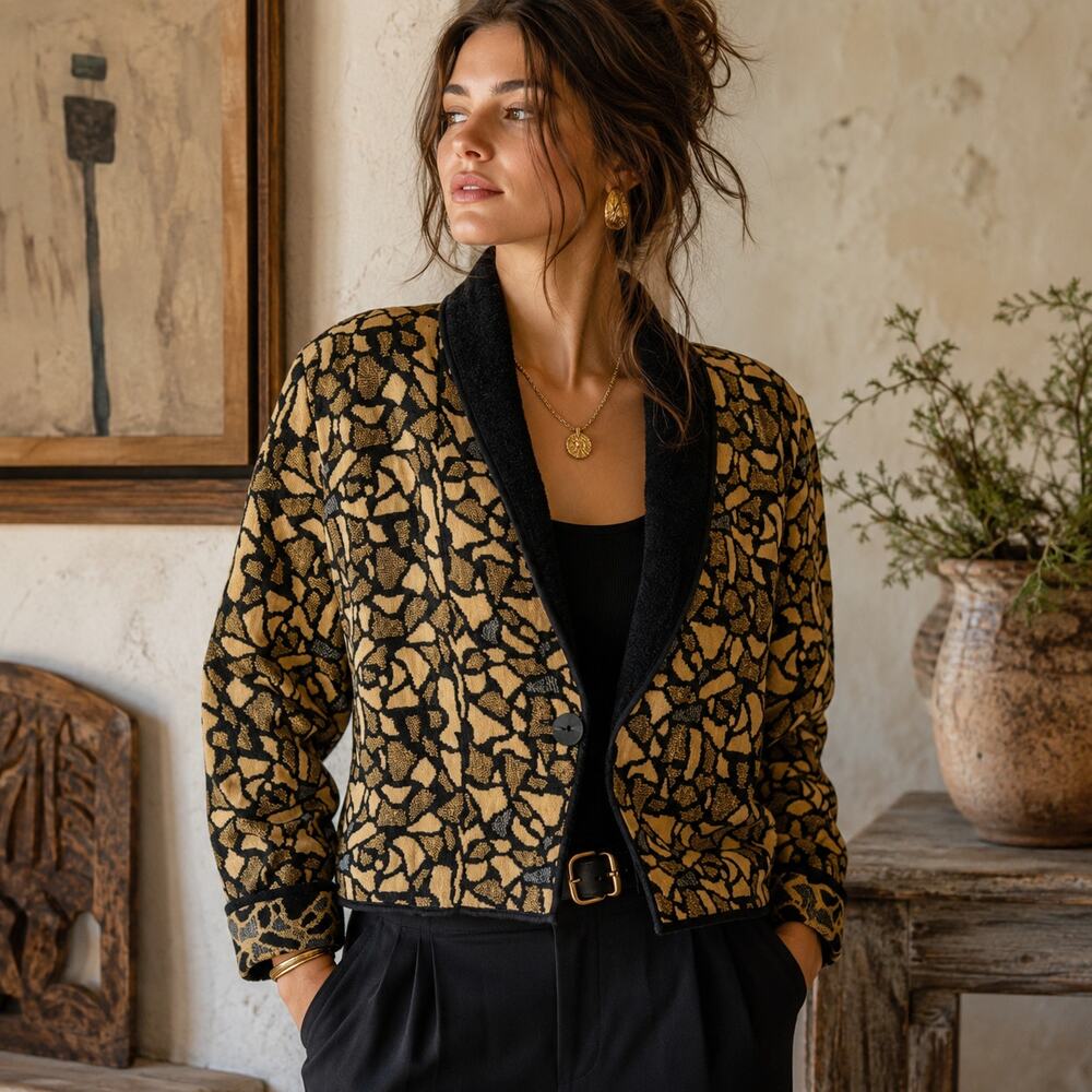 Vintage 90s Tapestry Jacquard Cropped Jacket XL Black Tan Statement